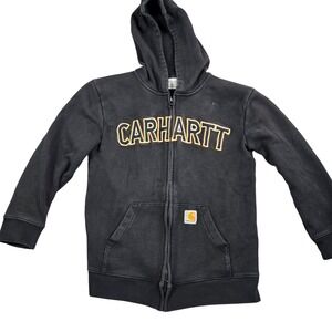 Carhartt Zip Up Hoodie Boys Medium 10-12 Black Embroidered Logo Distressed Hood